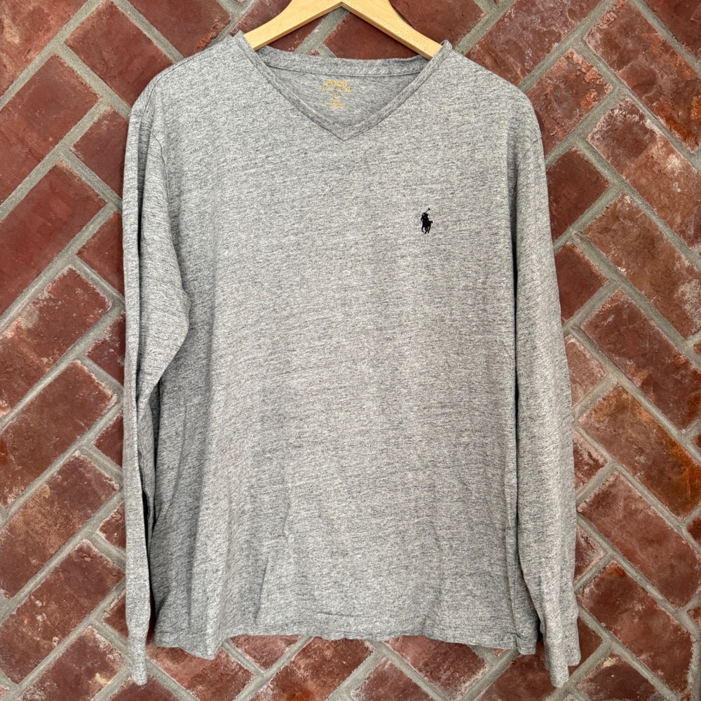 Polo Ralph Lauren Mens V-Neck Long Sleeve T-Shirt Heather Grey Cotton Large